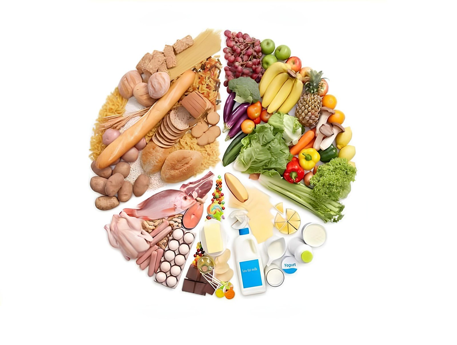 Ilustrasi konsep gizi seimbang dengan berbagai jenis makanan sehat, termasuk sayuran, buah-buahan, protein, susu, dan karbohidrat.