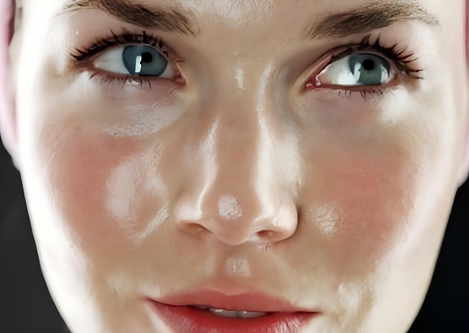 Wajah close-up dengan kulit berminyak dan pori-pori terlihat jelas.