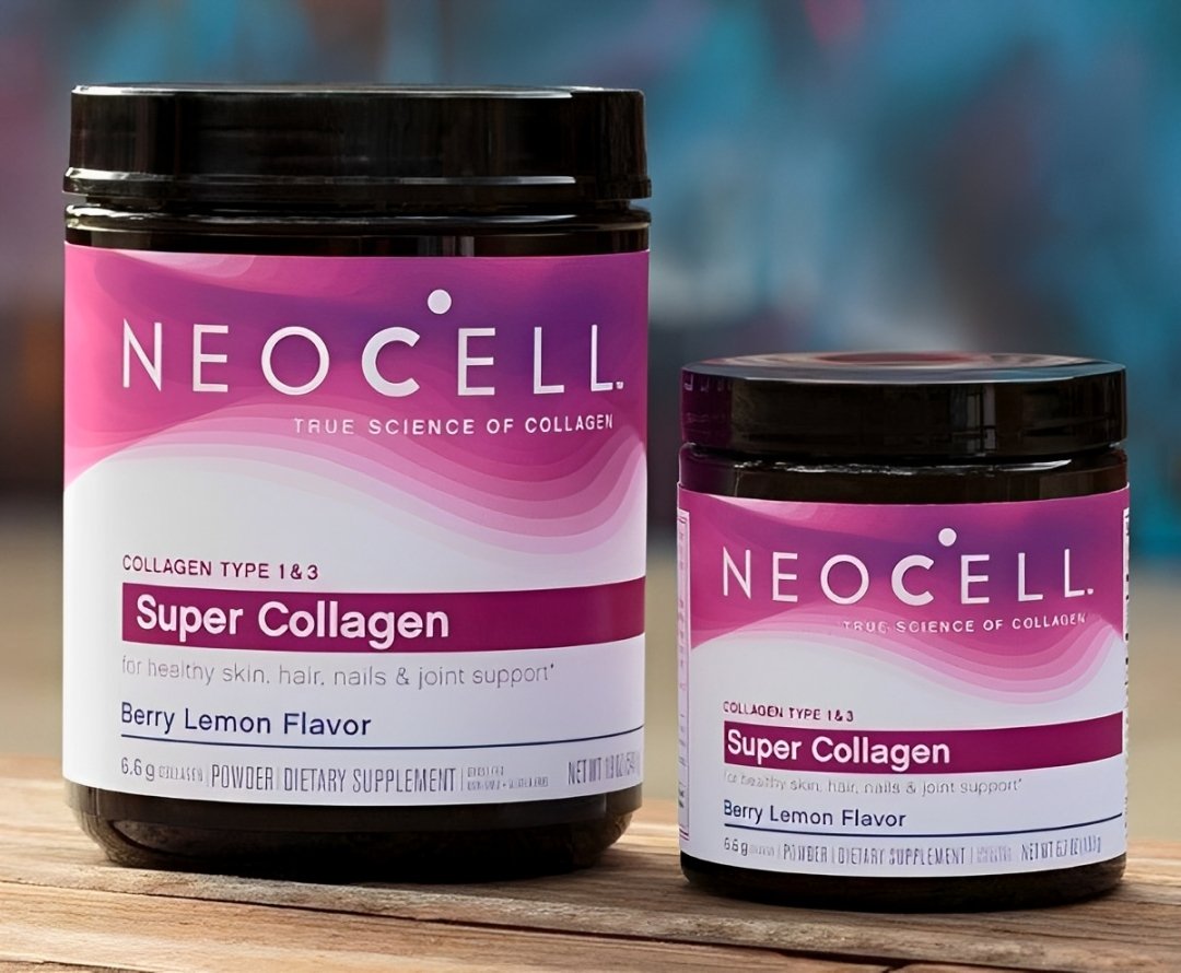 Produk suplemen kolagen Neocell Super Collagen dalam kemasan hitam dengan label ungu dan putih.
