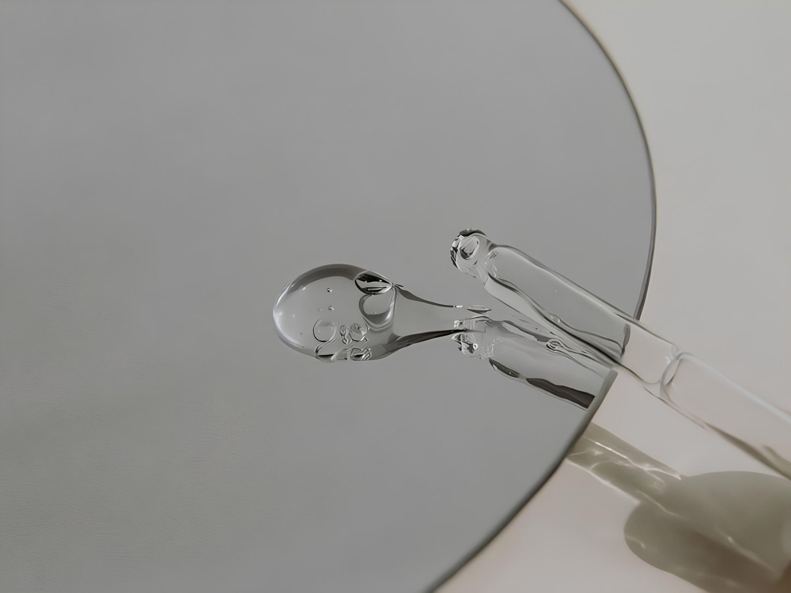 Serum niacinamide bening dengan pipet di atas permukaan reflektif, mencerminkan teksturnya yang ringan dan cepat menyerap