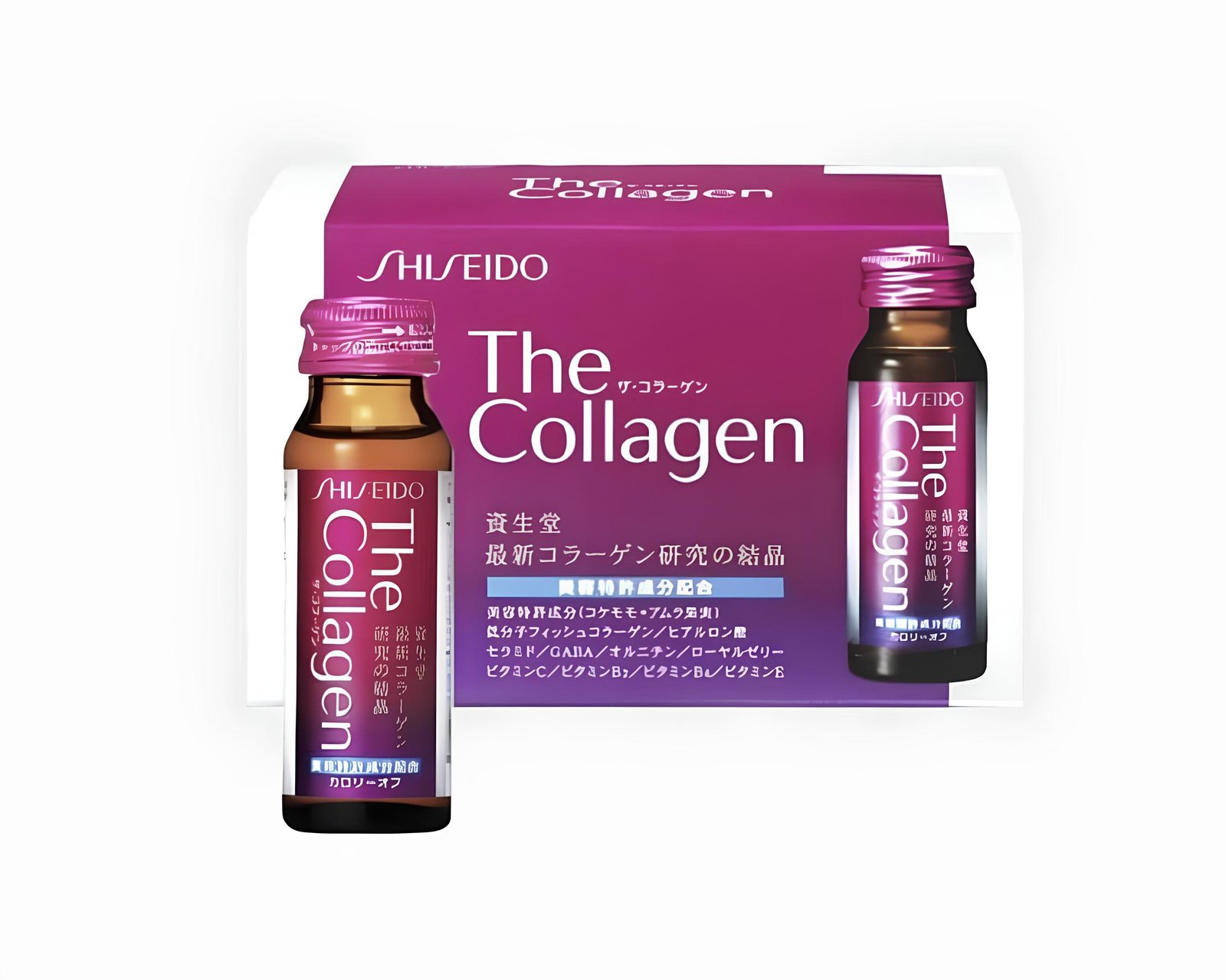 Produk minuman kolagen Shiseido The Collagen dalam botol kecil dengan kemasan berwarna ungu dan putih.